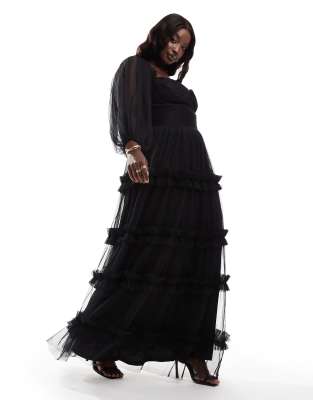 long sleeve ruffle tulle maxi dress in black