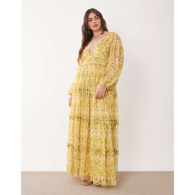 Lace & Beads Plus Lydia balloon sleeve plunge neck tiered tulle maxi dress  in yellow floral | ASOS