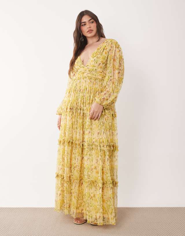 Lace & Beads Plus Lydia balloon sleeve plunge neck tiered tulle