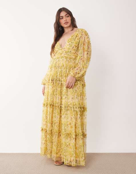 Lace & Beads Plus Lydia tulle balloon sleeve plunge neck tiered maxi dress in yellow floral - view 1