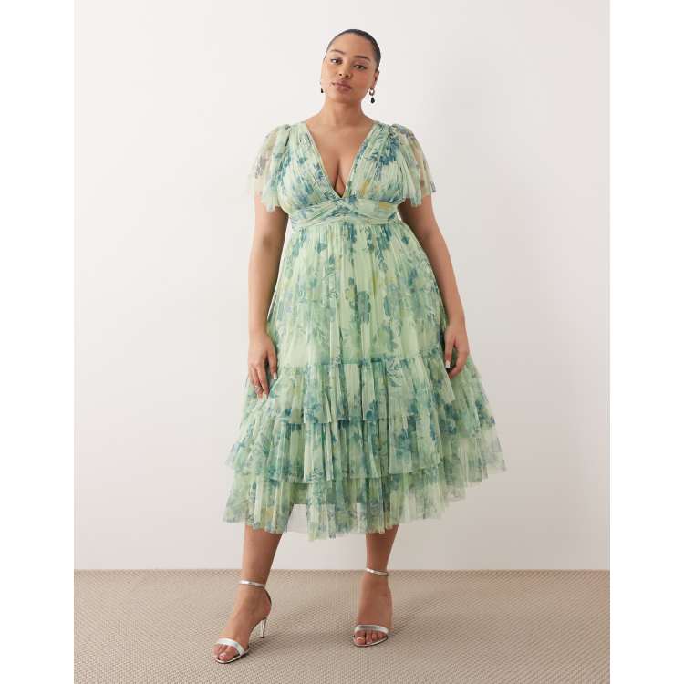 Lace & Beads Plus Madison flutter sleeve plunge neck tulle midi dress in  sage green floral | ASOS