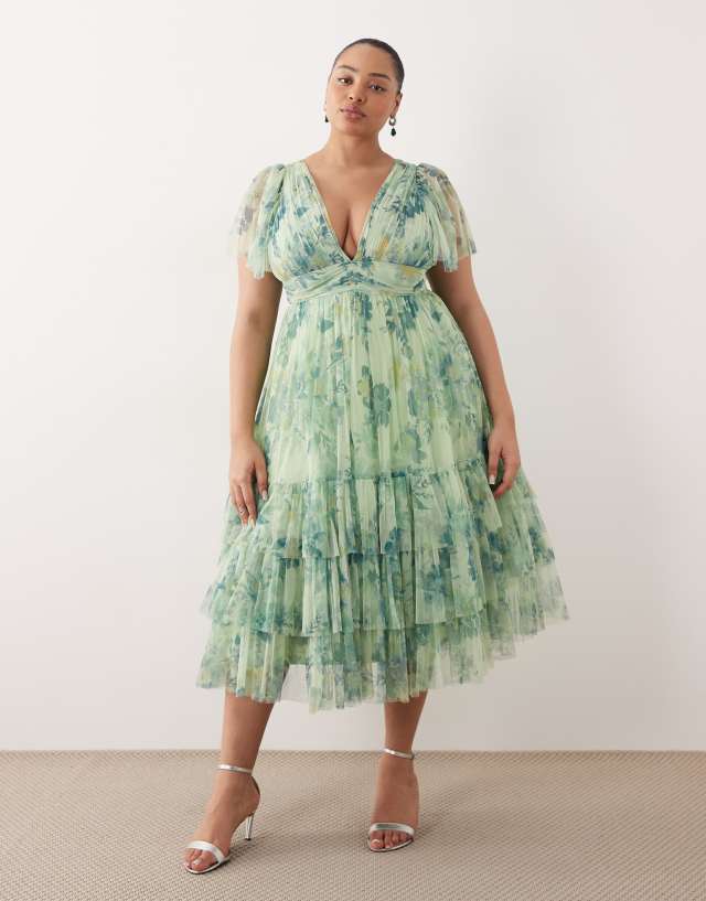 Lace & Beads Plus Madison flutter sleeve plunge neck tulle midi dress in sage green floral