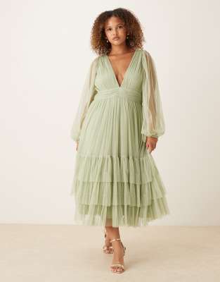 Madison - Robe mi-longue de demoiselle d'honneur à manches longues - Vert sauge 52