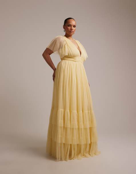 Lace & Beads Plus - Madison - Vestito lungo da cerimonia color limone con maniche con volant - view 1