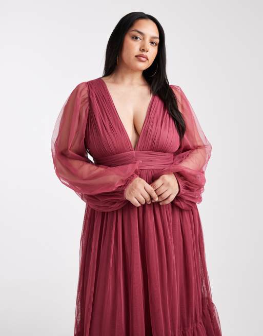 Lace & Beads Plus - Madison - Vestito lungo da damigella a maniche lunghe color orchidea, 4 di 4