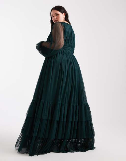 Lace & Beads Plus - Madison - Vestito lungo da damigella a maniche lunghe verde bosco, 2 di 4