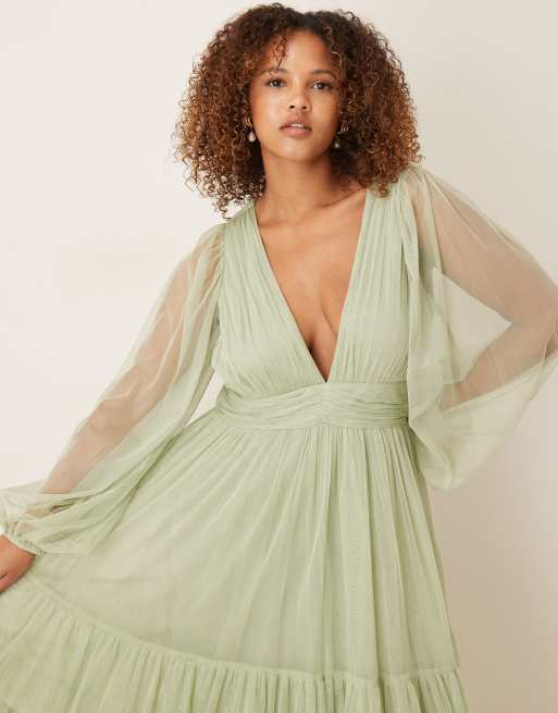 Lace & Beads Plus - Madison - Vestito midi da cerimonia a maniche lunghe verde salvia, 2 di 4