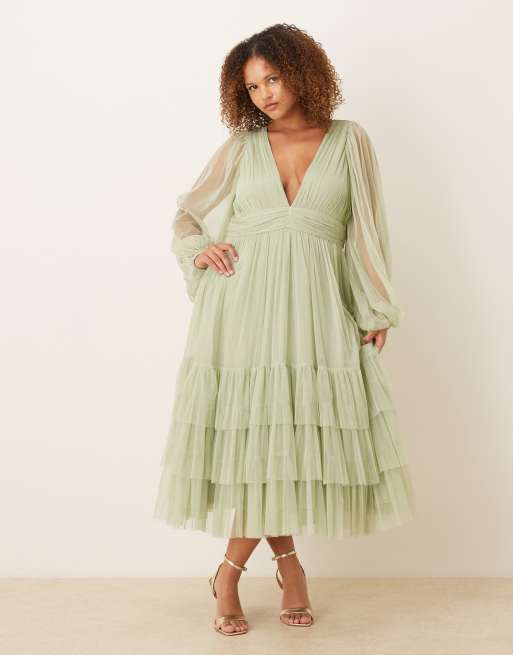 Lace & Beads Plus - Madison - Vestito midi da cerimonia a maniche lunghe verde salvia, 3 di 4