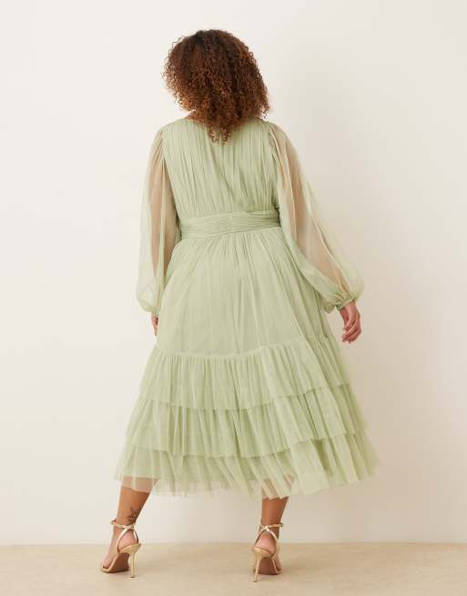 Lace & Beads Plus - Madison - Vestito midi da cerimonia a maniche lunghe verde salvia, 4 di 4