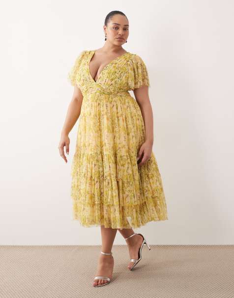 Lace & Beads Plus – Madison – Żółta sukienka midi w kwiatowy wzór - view 1