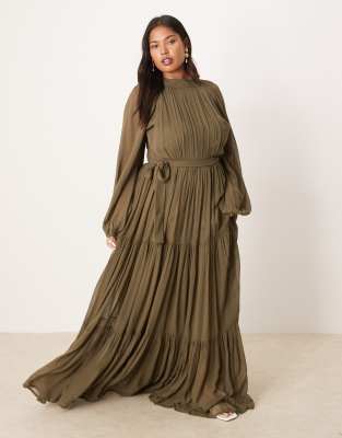 Lace & Beads Plus - Maxi jurk met ballonmouwen en stroken in diep olijfgroen - view 1