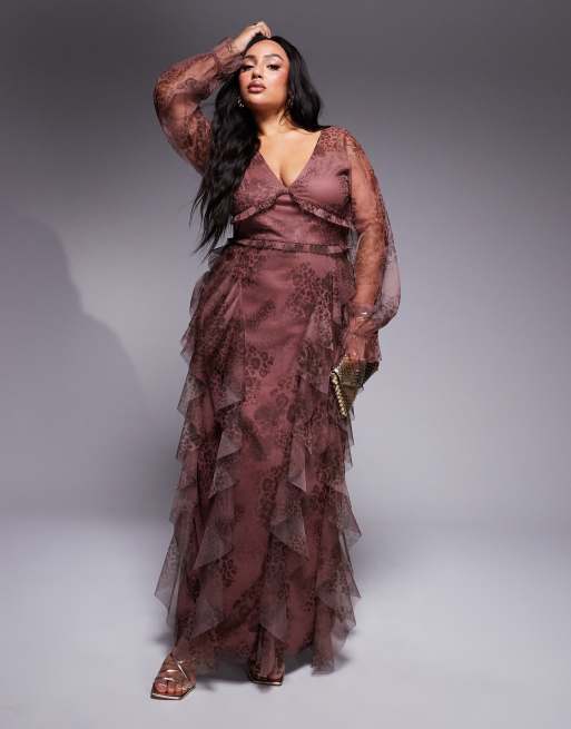 Lace & Beads Plus - Maxi-jurk met lange mouwen, ruches en dierenprint in bruin
