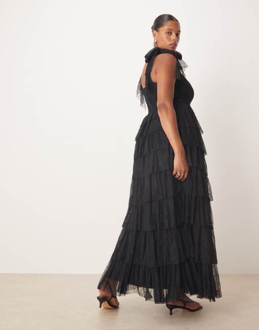 Lace & Beads Plus - Maxi jurk van kant met gestrikte schouderbanden en stroken in zwart, 3 van 4