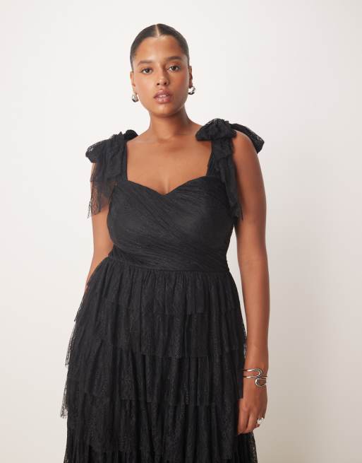 Lace & Beads Plus - Maxi jurk van kant met gestrikte schouderbanden en stroken in zwart, 4 van 4