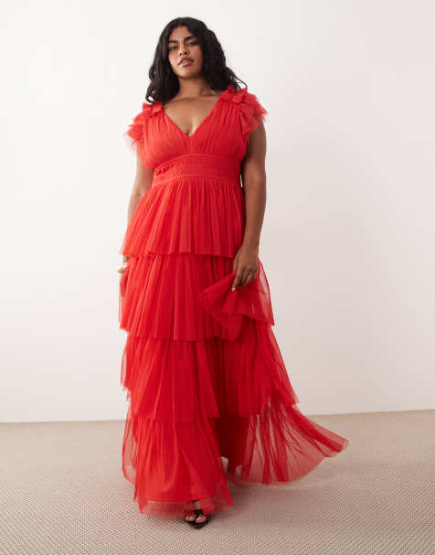 Lace & Beads Plus - Maxi jurk van tule met ruches en stroken in rood - view 1