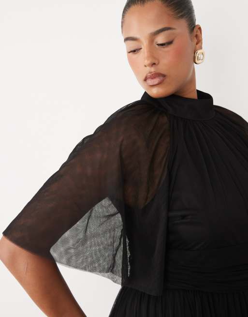 Lace & Beads Plus maxiklänning i tulle med hög krage och utsvängda ärmar i svart, 3 av 4
