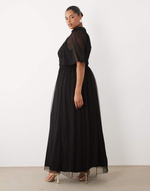 Lace & Beads Plus maxiklänning i tulle med hög krage och utsvängda ärmar i svart, 4 av 4