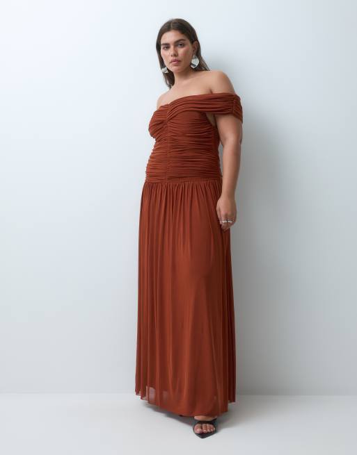 Lace & Beads Plus mesh off shoulder shirred drop waist maxi dress in rust, 2 of 5