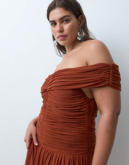 Lace & Beads Plus mesh off shoulder shirred drop waist maxi dress in rust, 3 of 5