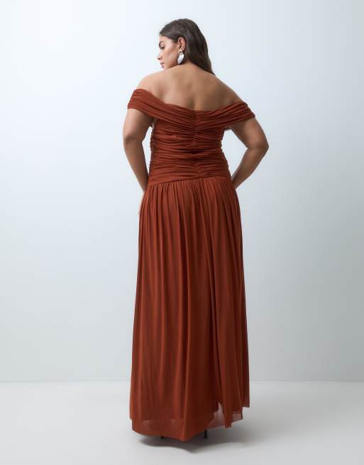 Lace & Beads Plus mesh off shoulder shirred drop waist maxi dress in rust, 4 of 5