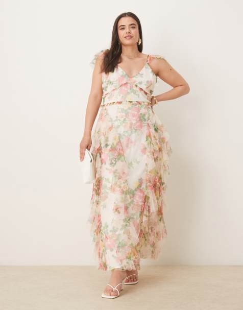 Lace & Beads - Plus - Midaxi-jurk van tule met ruches in lichte bloemenprint - view 1