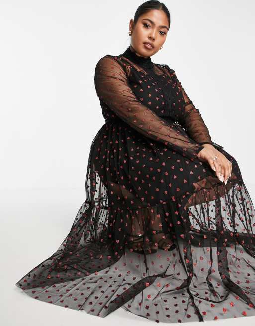 Lace Beads Plus Midi jurk met stippen, lange mouwen en kanten