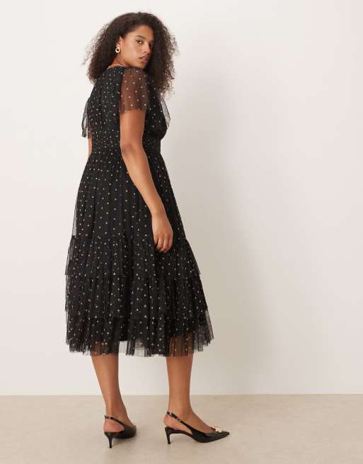 Lace & Beads Plus - Midi-jurk van tule met V-hals in zwart met stippen, 3 van 4