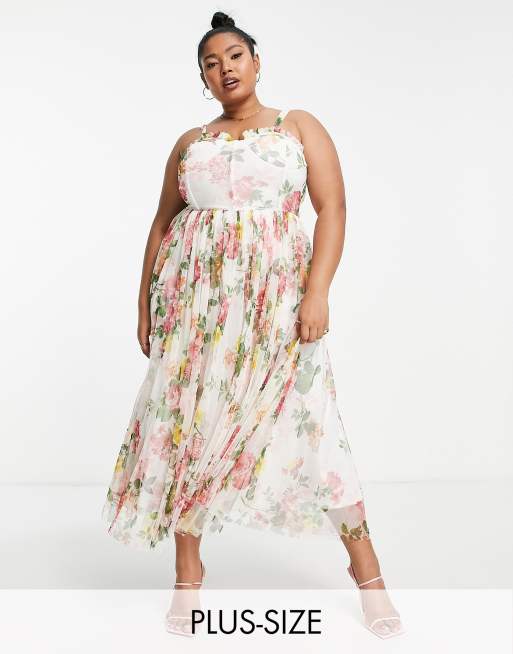 Lace & Beads Plus - Midi-korsetjurk van tule met zachte bloemenprint