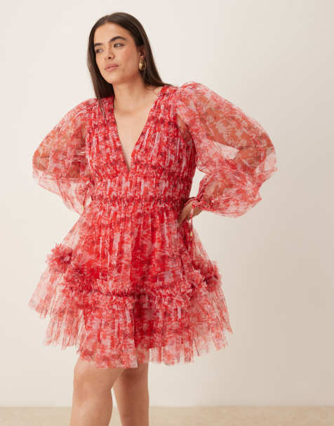 Lace & Beads Plus - Mini jurk van organza met ballonmouwen in rode bloemenprint - view 1