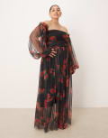 [Lace & Beads Plus] Lace & Beads Plus off-shoulder balloon sleeve tulle maxi dress in black rose-Multi 20 Black Rose