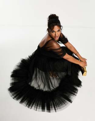 Lace & Beads Plus Off Shoulder Corset Ruffle Midaxi Dress In Black
