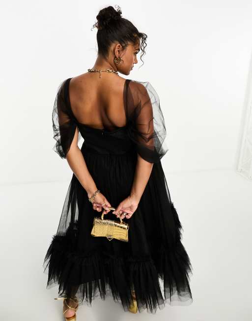 Lace & Beads Plus off shoulder corset ruffle midaxi dress in black, 3 of 4