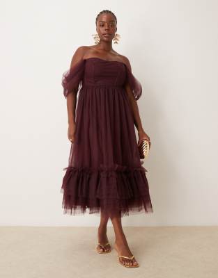 off shoulder corset ruffle midaxi dress in plum-Purple