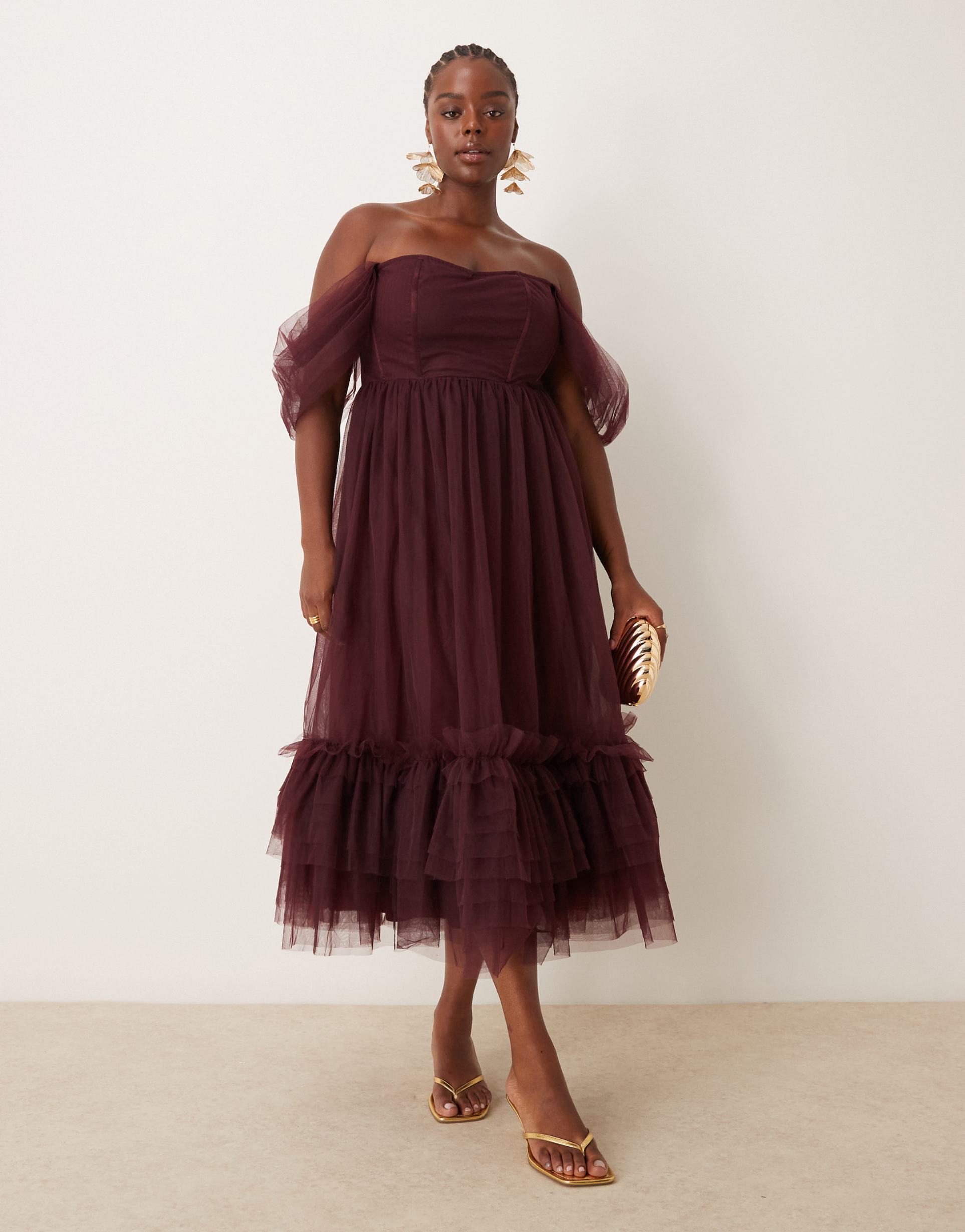 lace & beads plus off shoulder corset ruffle midaxi dress in plum