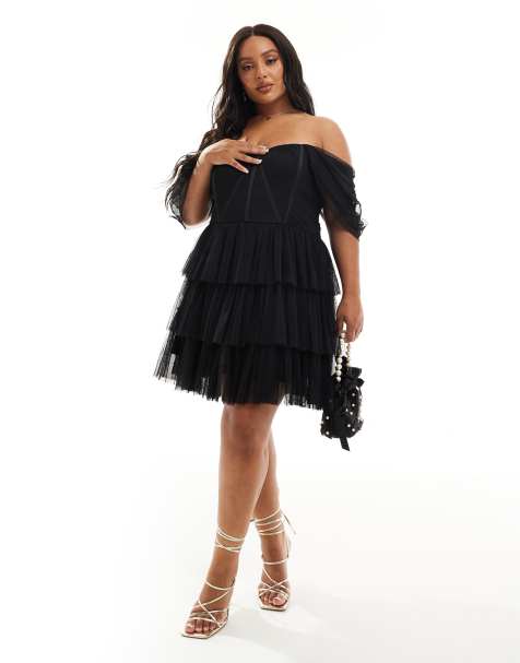 Lace & Beads Plus off shoulder corset tulle mini dress in black - view 1
