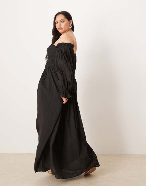 Lace & Beads Plus off shoulder cotton maxi dress in black, 4 of 4