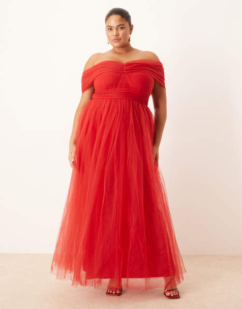 Lace & Beads Plus off shoulder maxi tulle dress in red - view 1
