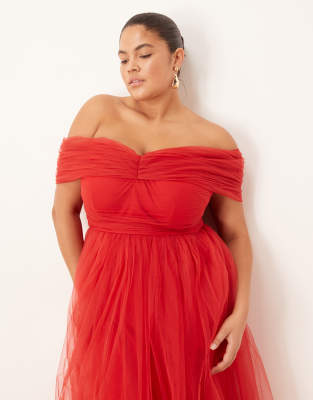 Lace & Beads Plus Off Shoulder Maxi Tulle Dress In Red