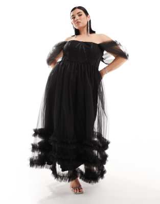 Lace & Beads Plus Off Shoulder Ruffle Tulle Midaxi Dress In Black