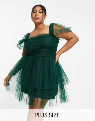 Lace & Beads Plus Off Shoulder Tiered Structured Mini Dress In Emerald Green