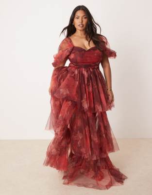 Lace & Beads Plus off shoulder tulle maxi dress in fuchsia floral - view 1