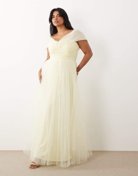 Lace & Beads plus off shoulder tulle maxi dress in pale lemon - view 1