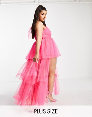 Lace & Beads Plus off shoulder tulle mini dress in hot pink - ASOS Price Checker
