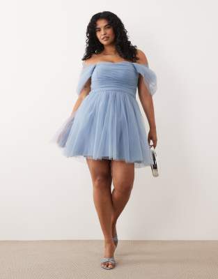 Lace & Beads Plus Off Shoulder Tulle Mini Dress In Blue