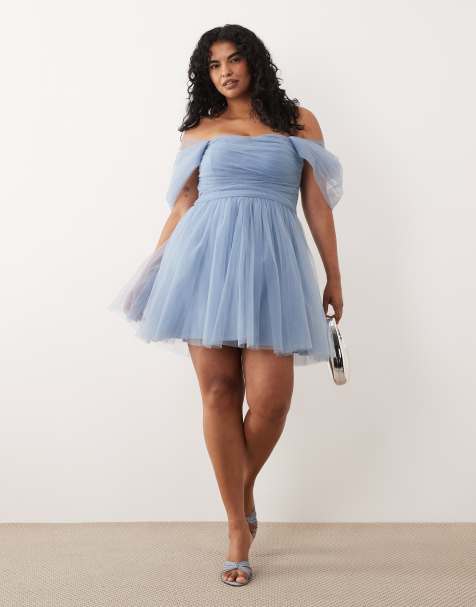 Lace & Beads Plus off shoulder tulle mini dress in steel blue - view 1