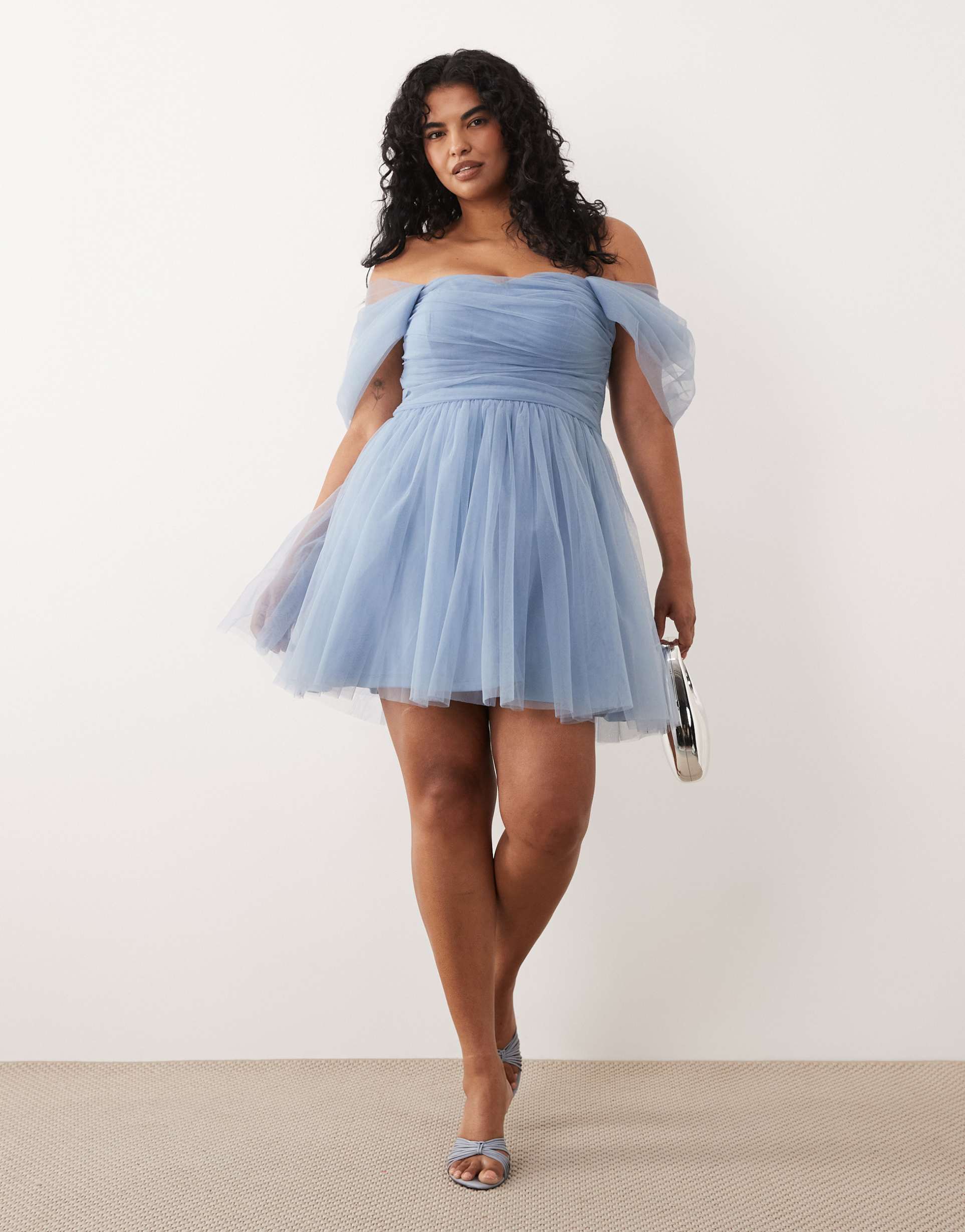 lace & beads plus off shoulder tulle mini dress in steel blue