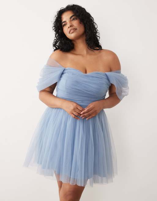 Lace & Beads Plus off shoulder tulle mini dress in steel blue, 3 of 4