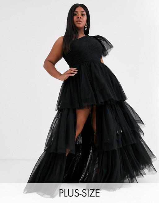 Lace & Beads Plus one shoulder tulle maxi dtess with thigh split in black