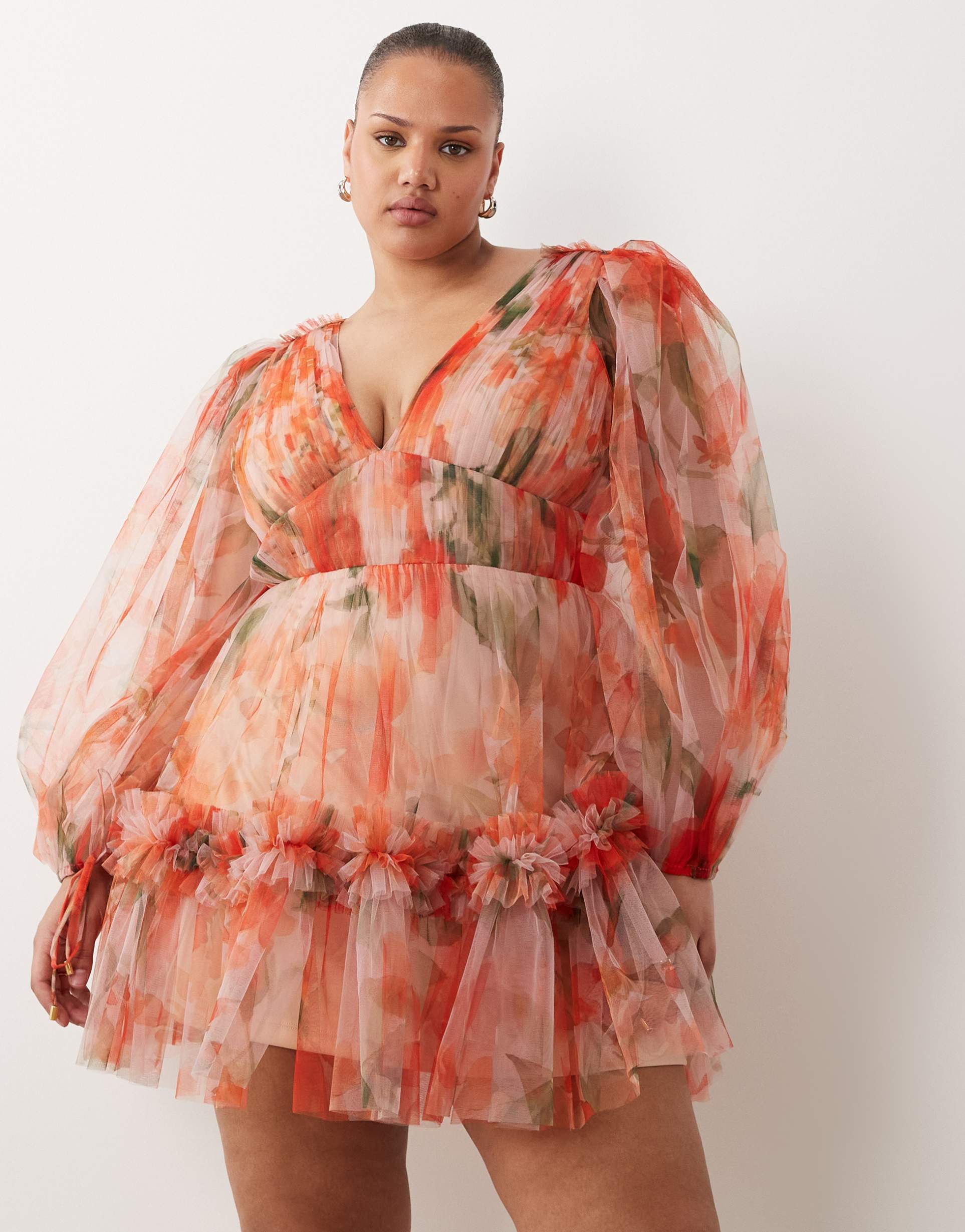 lace & beads plus organza v-neck balloon sleeve mini dress in orange poppy print
