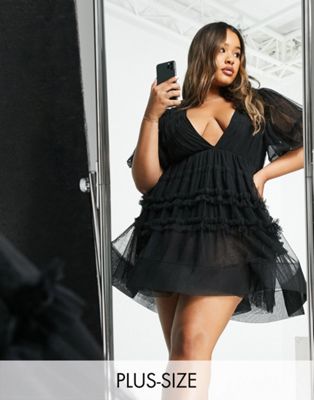 Lace & Beads Plus plunge front tiered mini dress in black